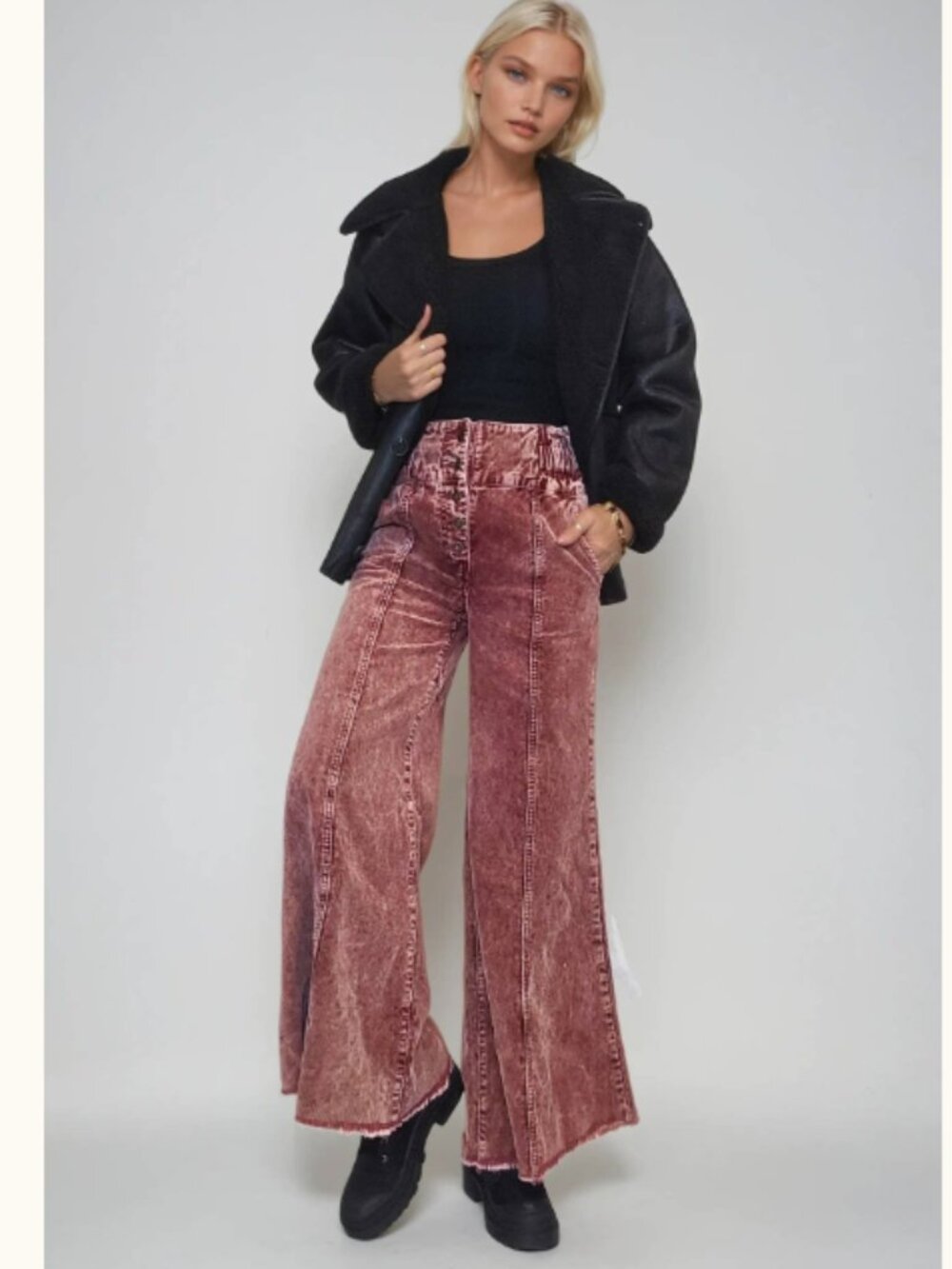 NWT Wisteria Lane Distressed Corduroy Culotte Pants Wine Wide Leg Women's Large